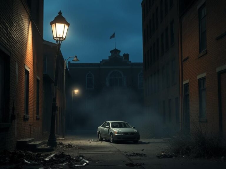 Flick International somber urban scene in a dimly lit Philadelphia alleyway during twilight