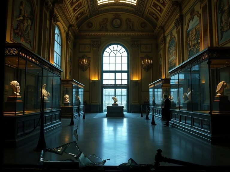 Flick International Broken window and glass shards in the Apollo Gallery at the Louvre, depicting the aftermath of a daring art heist