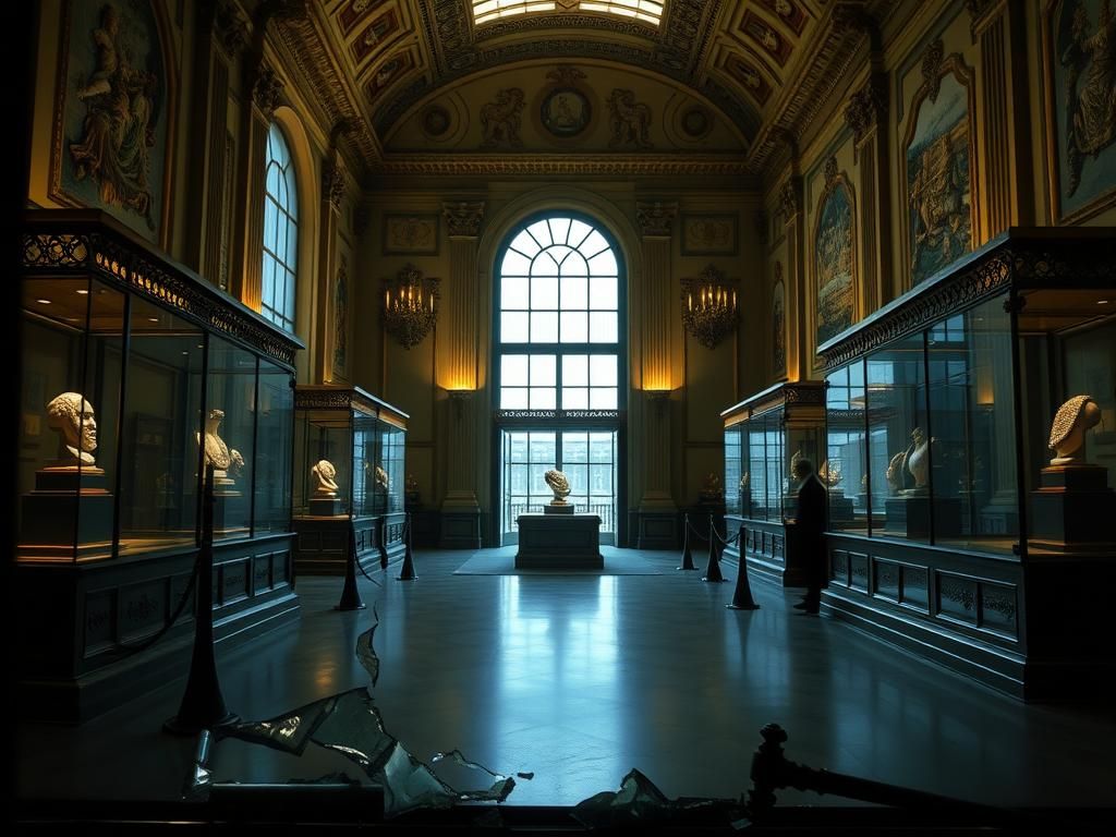 Flick International Broken window and glass shards in the Apollo Gallery at the Louvre, depicting the aftermath of a daring art heist