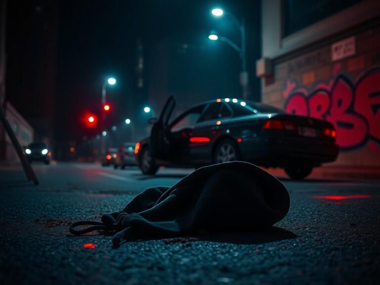 Flick International Dark street scene in Washington, D.C. with a bloodied hoodie on the pavement