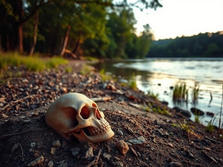 Flick International Ancient human skull partially buried on the Indiana riverbank