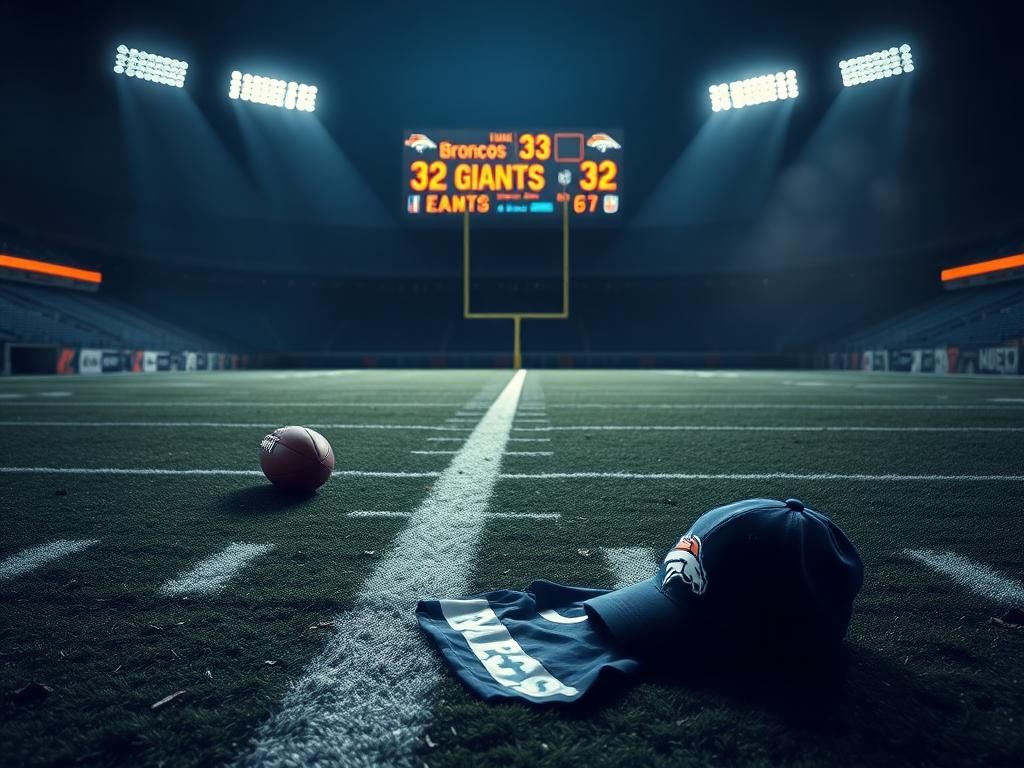 Flick International Empty football field with remnants of the game, including a game ball, referee's cap, and torn flag, reflecting post-game tension.