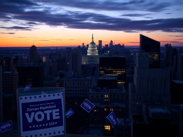 Flick International New York City skyline at dusk with a voting booth symbolizing the mayoral election