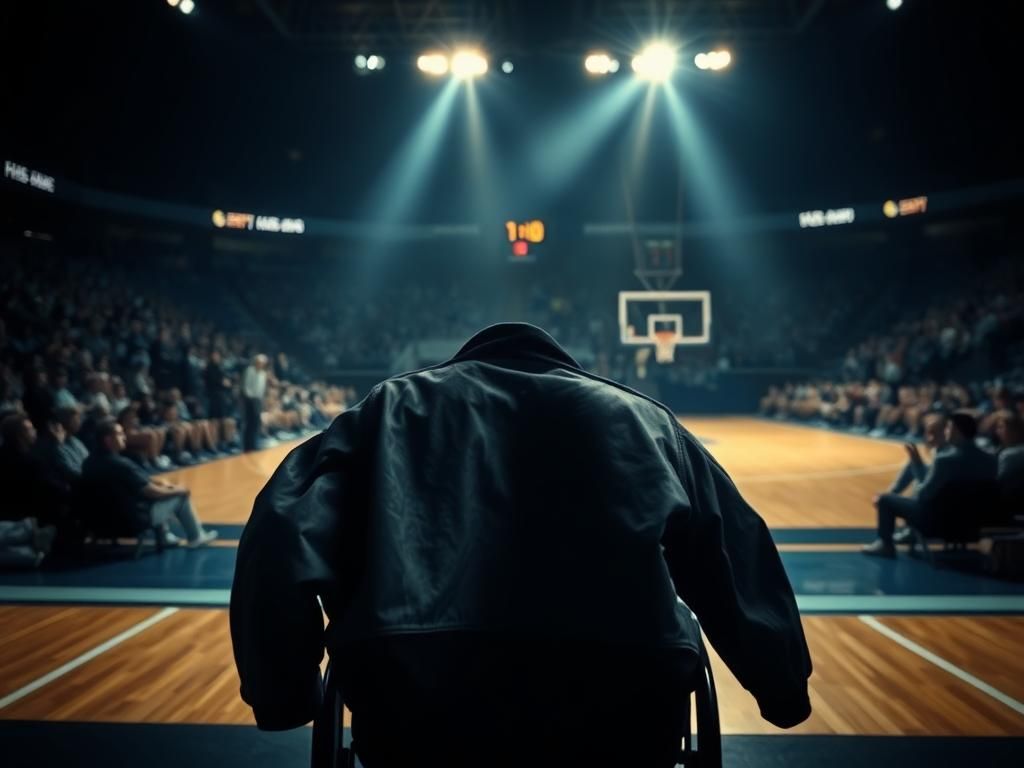 Flick International Dramatic basketball court scene featuring an empty courtside seat with a luxurious sports jacket, symbolizing LeBron James's presence.