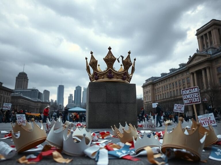 Flick International A large, crumbling crown on a stone pedestal surrounded by protest signs depicting the message 'No Kings' in a public square.