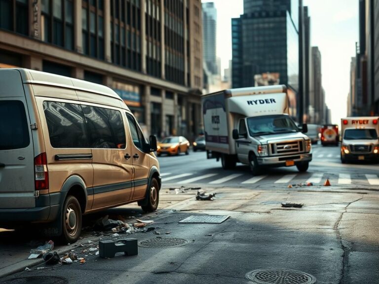 Flick International Damaged parked van and Ryder truck after collision in Midtown Manhattan