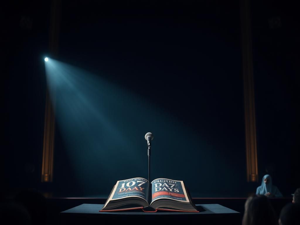 Flick International Dimly lit theater stage with a large microphone and an open book titled '107 Days' on a podium