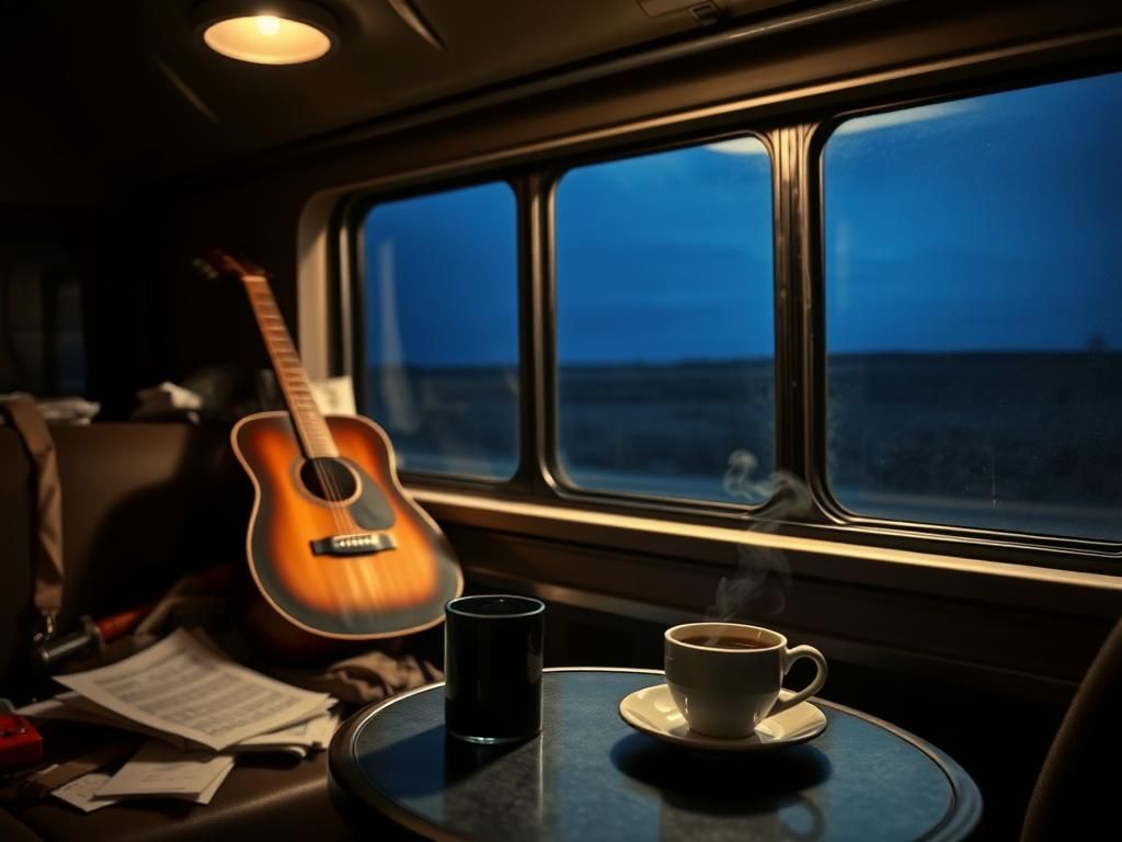 Flick International Somber tour bus interior with musical instruments and a lonely atmosphere