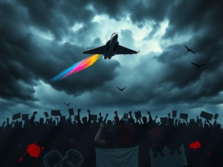 Flick International A sleek F-18 fighter jet soaring through stormy skies, with colorful smoke trails representing the tension of protests below.