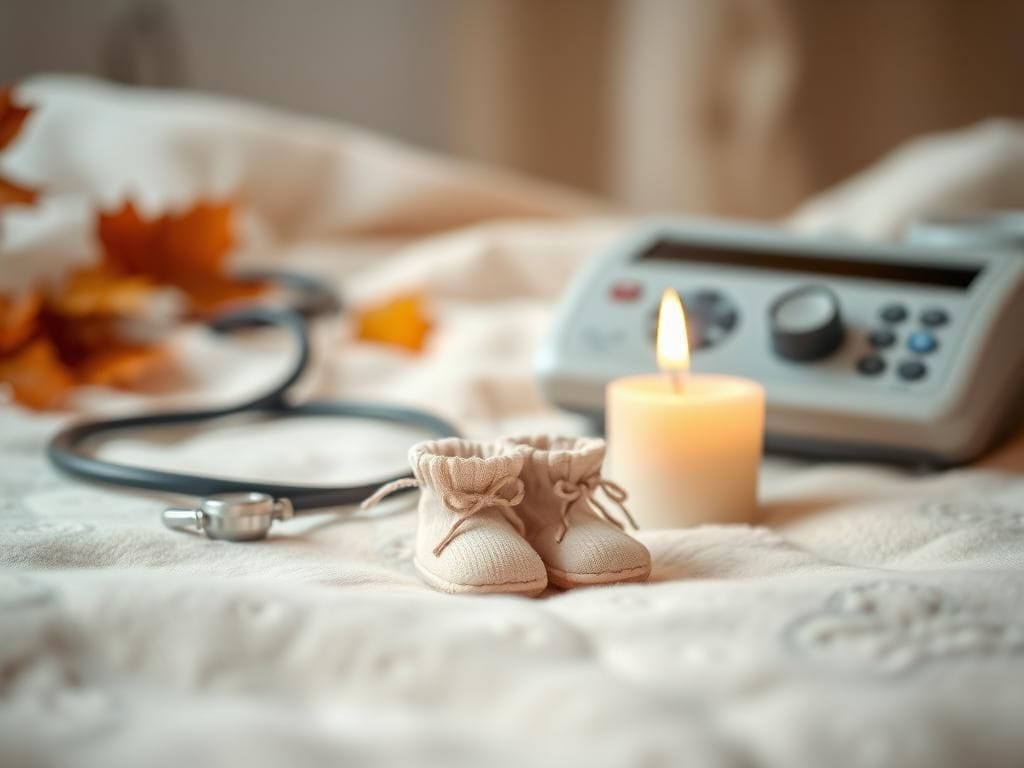 Flick International A small, delicate pair of baby booties on a soft, muted blanket with gentle, pastel colors