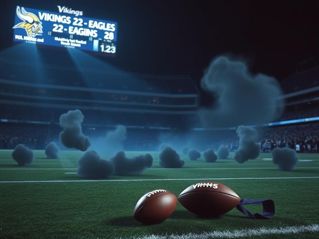 Flick International An empty football field showing a dimly lit scoreboard reading 'Vikings 22 - Eagles 28' after a night game.