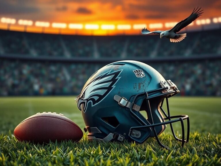 Flick International Worn Philadelphia Eagles helmet on green grass symbolizing Brandon Graham's return from retirement