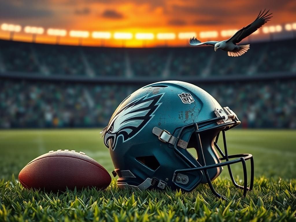 Flick International Worn Philadelphia Eagles helmet on green grass symbolizing Brandon Graham's return from retirement