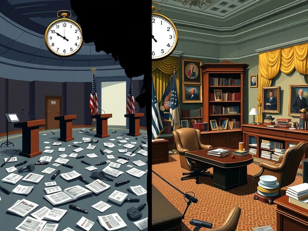 Flick International A split image contrasting two presidential administrations with a press briefing room and an elegant office space