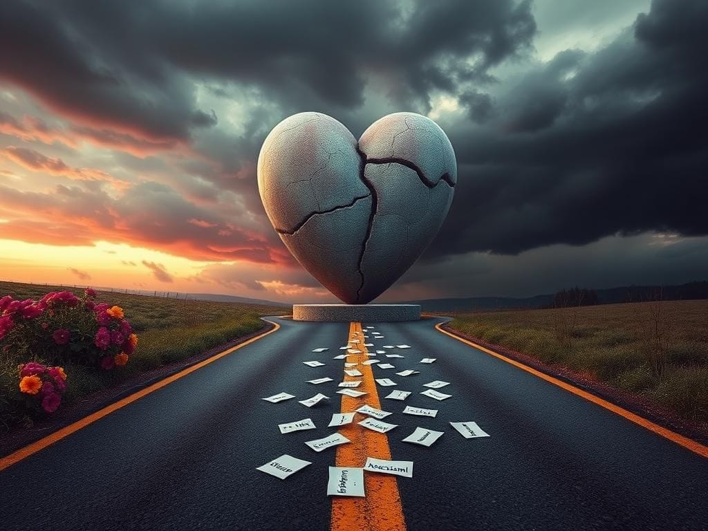 Flick International A dramatic scene depicting a split road with vibrant flowers on one side and dark clouds on the other, symbolizing separation and turmoil.