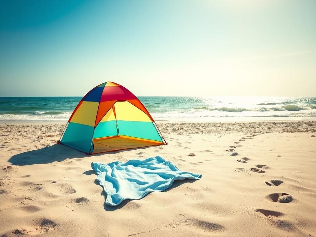 Flick International A serene view of Miramar Beach with an empty baby blanket under a colorful beach tent