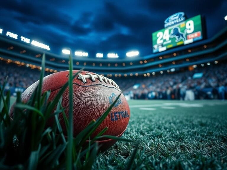 Flick International A close-up of a football on the field at Ford Field, surrounded by grass and stadium lights