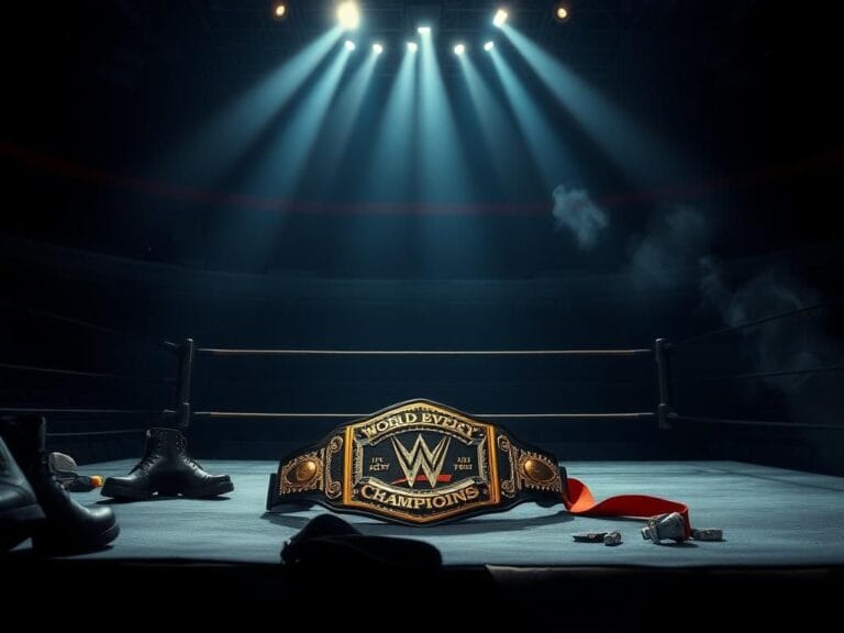Flick International A glimmering World Heavyweight Championship belt rests in the center of an empty wrestling ring, symbolizing the title's recent vacancy due to Seth Rollins' injury.