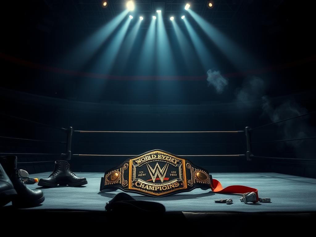 Flick International A glimmering World Heavyweight Championship belt rests in the center of an empty wrestling ring, symbolizing the title's recent vacancy due to Seth Rollins' injury.