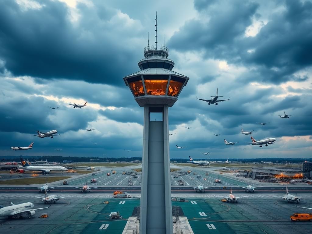 Flick International A dynamic aerial view of an airport runway with planes taking off and landing against a dramatic, cloudy sky.
