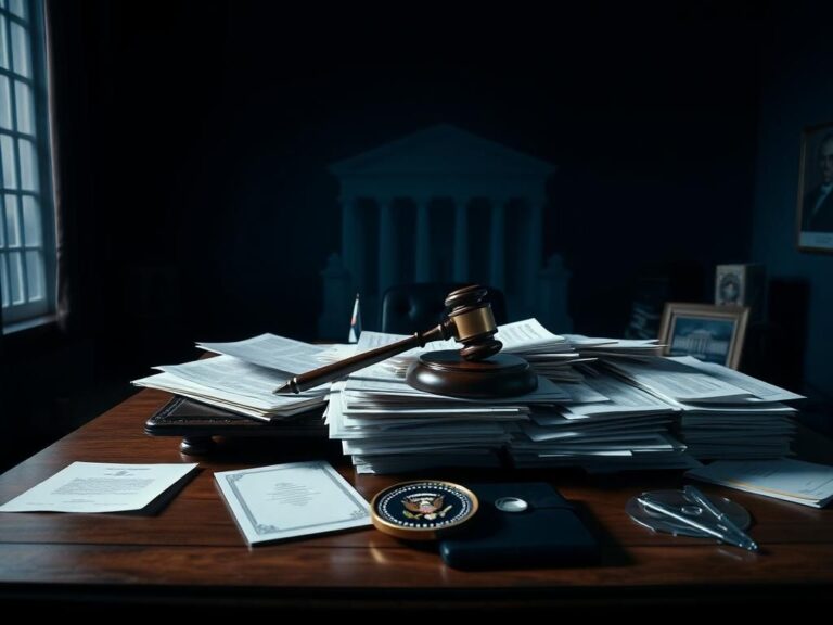 Flick International Dark and moody office setting with a large wooden desk, legal documents, and a gavel symbolizing justice
