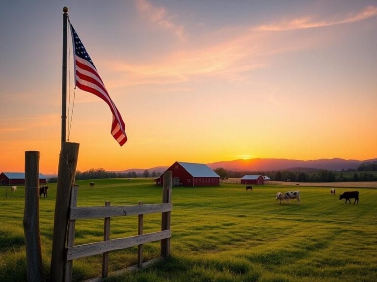 Flick International A picturesque Kentucky farm landscape at sunrise with rolling green fields, a red barn, and grazing cows