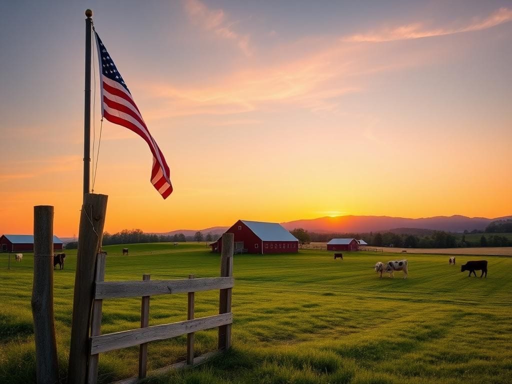 Flick International A picturesque Kentucky farm landscape at sunrise with rolling green fields, a red barn, and grazing cows