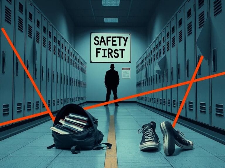 Flick International A dimly lit school hall featuring grey lockers and an abandoned backpack, symbolizing unease.