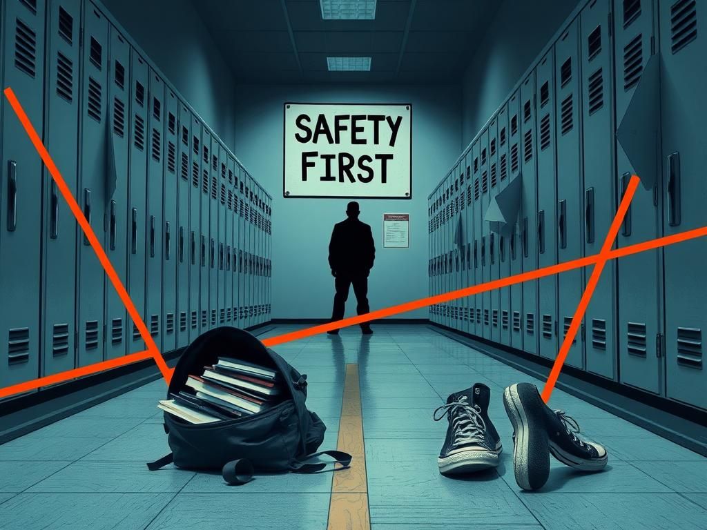 Flick International A dimly lit school hall featuring grey lockers and an abandoned backpack, symbolizing unease.