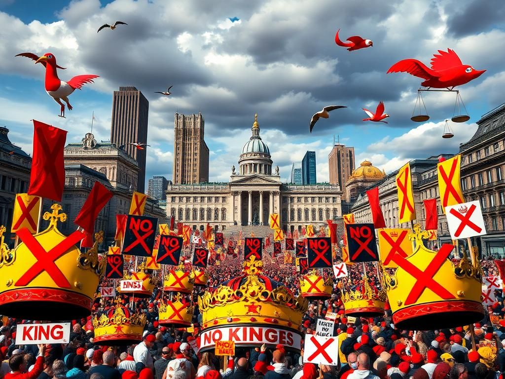 Flick International vibrant city square with colorful 'No Kings' protest signs and banners rejecting monarchy
