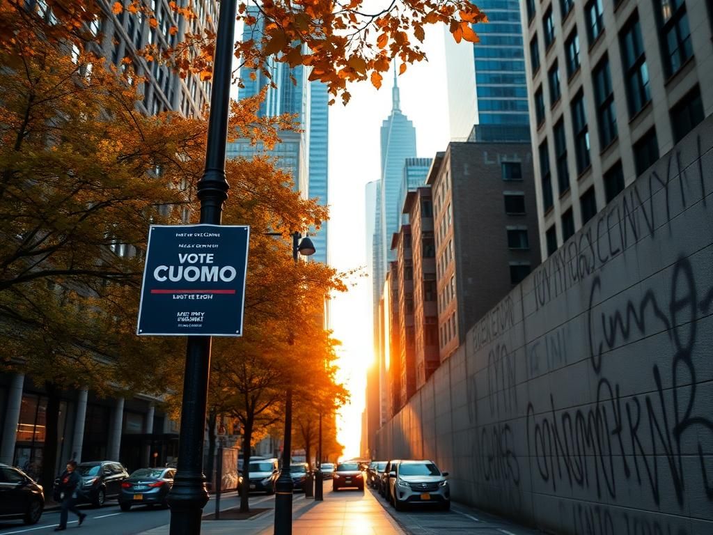 Flick International Bustling New York City street scene at dawn with 'Vote Cuomo' campaign poster