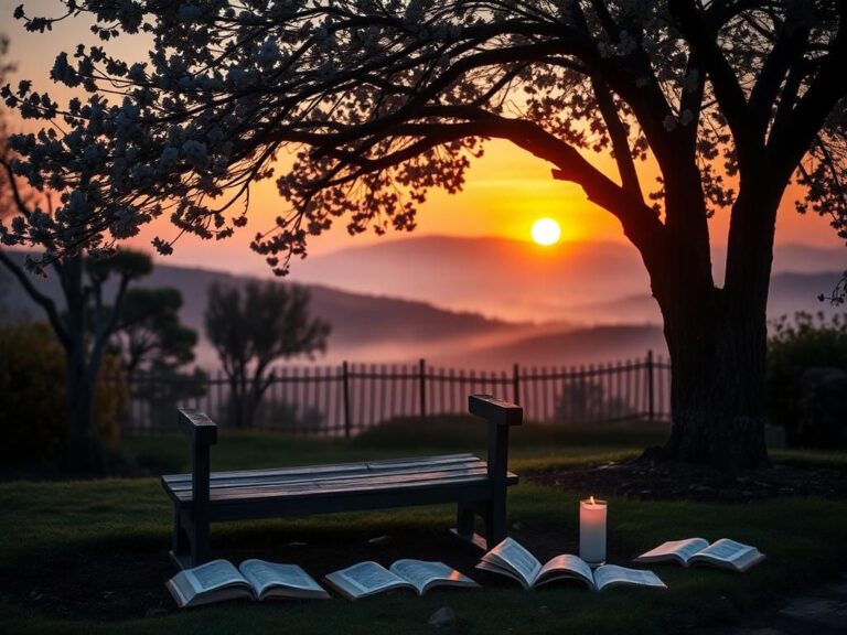 Flick International A serene garden at dusk with a weathered wooden bench representing hope and resilience.