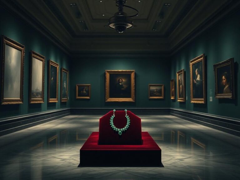 Flick International A dimly lit museum gallery featuring empty frames symbolizing lost masterpieces and an emerald necklace on display.