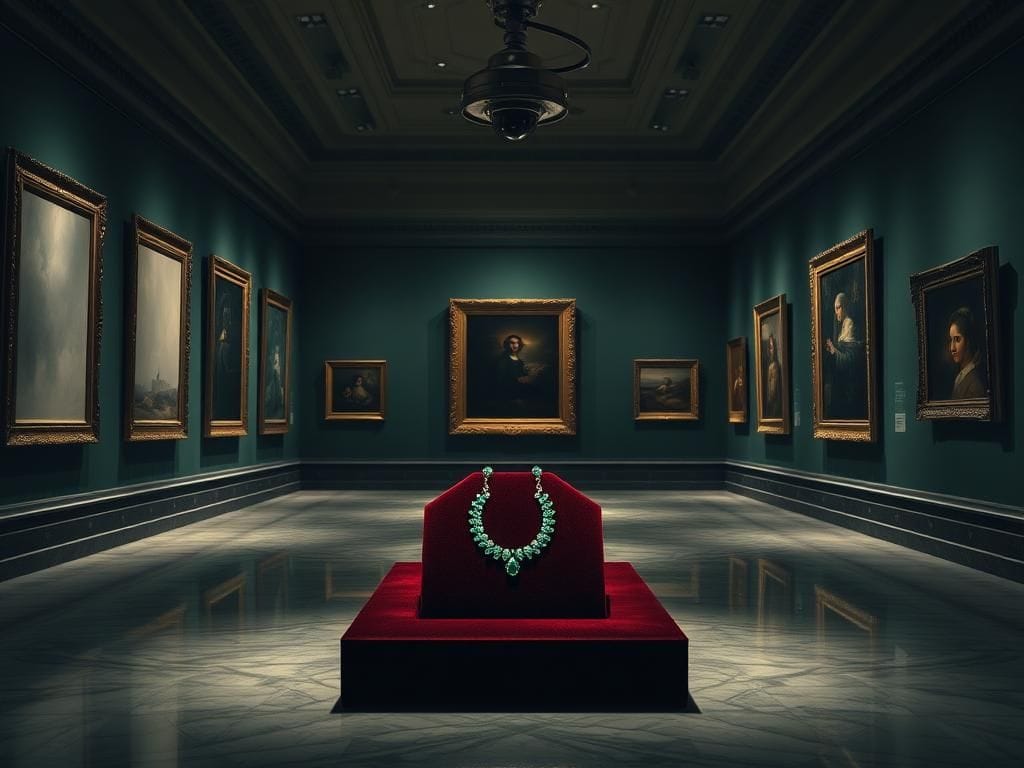 Flick International A dimly lit museum gallery featuring empty frames symbolizing lost masterpieces and an emerald necklace on display.