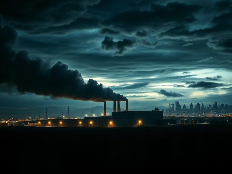 Flick International Abstract representation of a large industrial deportation facility at dusk