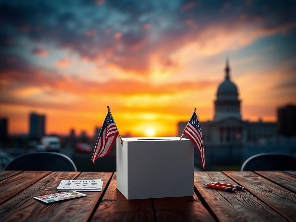 Flick International A stylized representation of New Jersey depicting an empty ballot box with campaign materials against a dramatic sunset sky.