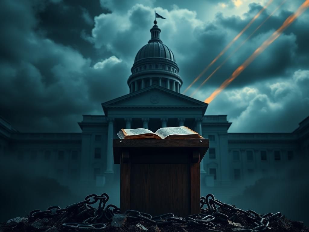 Flick International Silhouette of a statehouse under a stormy sky with a weathered podium and open book