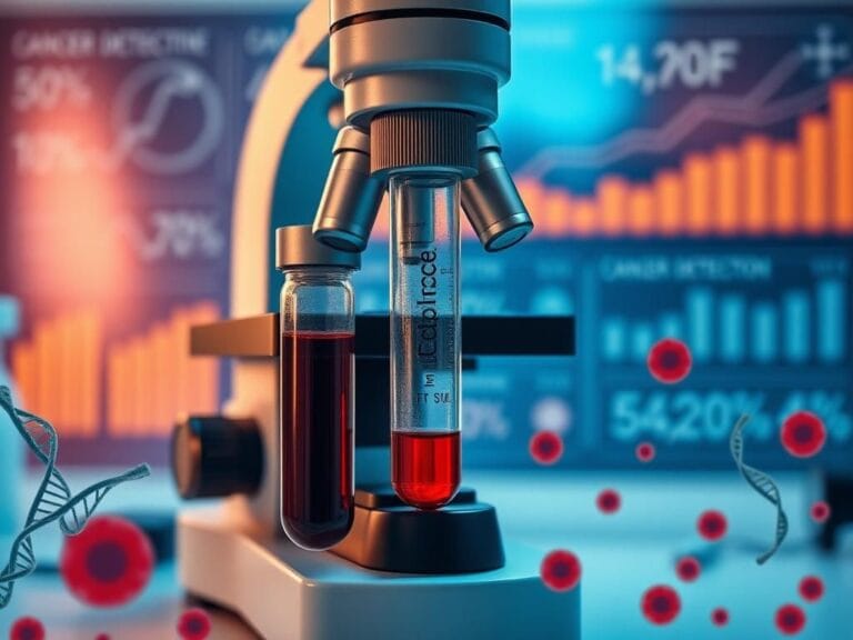 Flick International Close-up view of a microscope with a vial of blood in foreground, showcasing cancer detection research