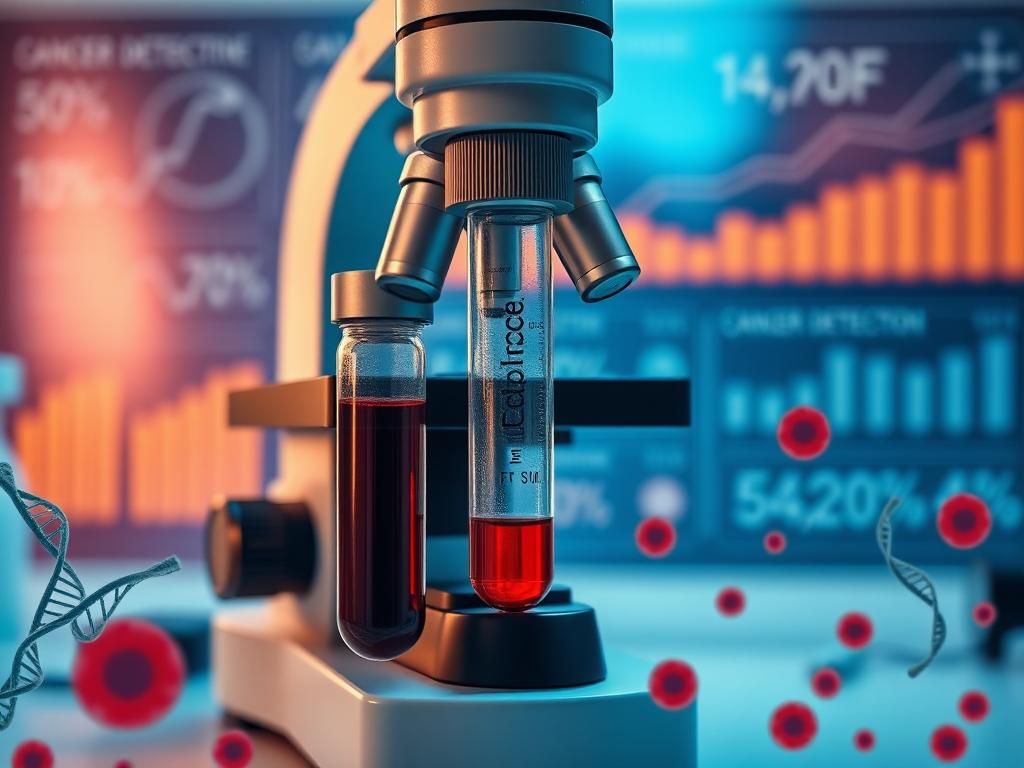 Flick International Close-up view of a microscope with a vial of blood in foreground, showcasing cancer detection research