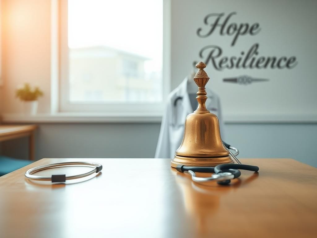 Flick International A serene hospital scene with a small ornate bell symbolizing recovery