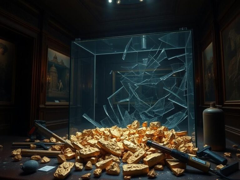 Flick International Interior view of Paris National Museum of Natural History showcasing a shattered glass display case with gold nuggets scattered among debris
