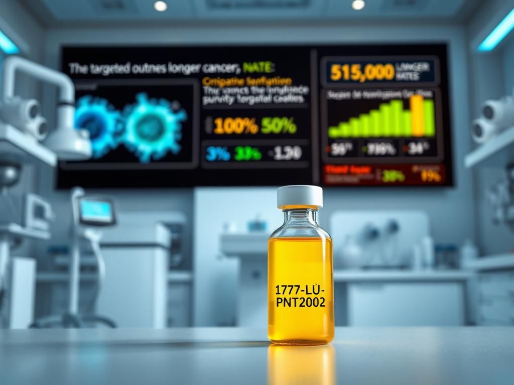 Flick International Modern medical laboratory with a yellow vial labeled 177Lu-PNT2002 and a graphic of prostate cancer cells in the background