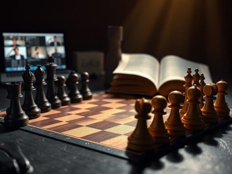 Flick International Beautifully arranged chessboard set against a softly lit backdrop with polished wooden pieces