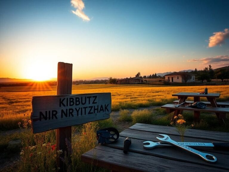 Flick International Serene landscape of Kibbutz Nir Yitzhak at dusk with a wooden sign and wildflowers