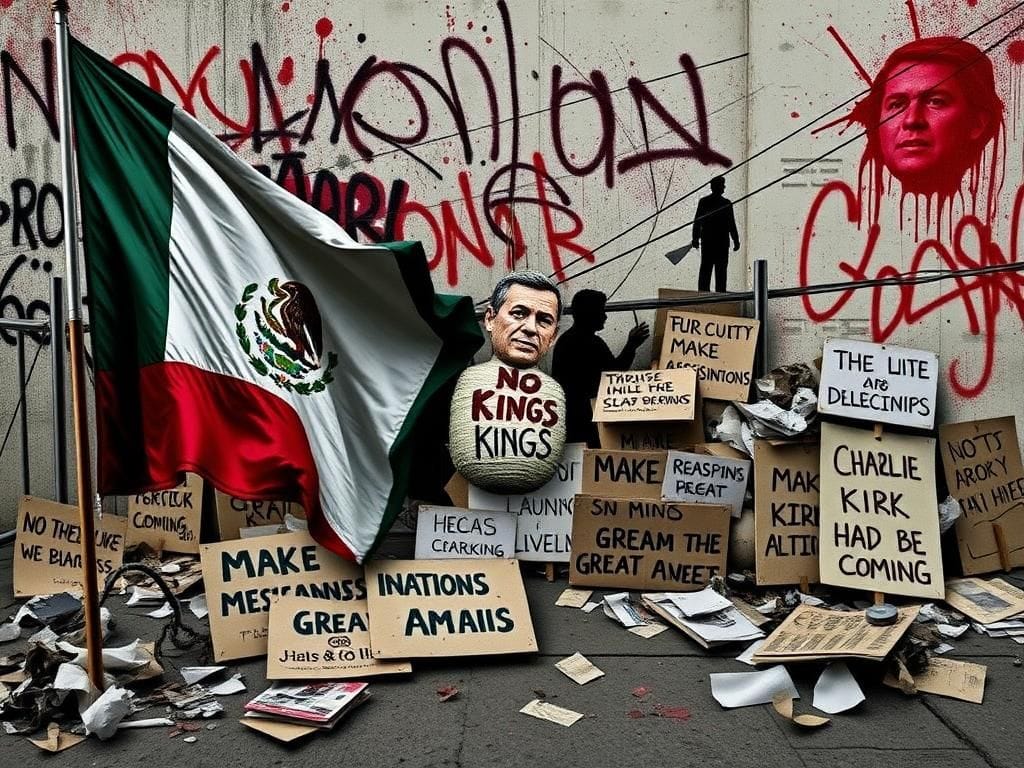 Flick International A tattered Mexican flag fluttering in front of aggressive protest signs during the 'No Kings' protests.
