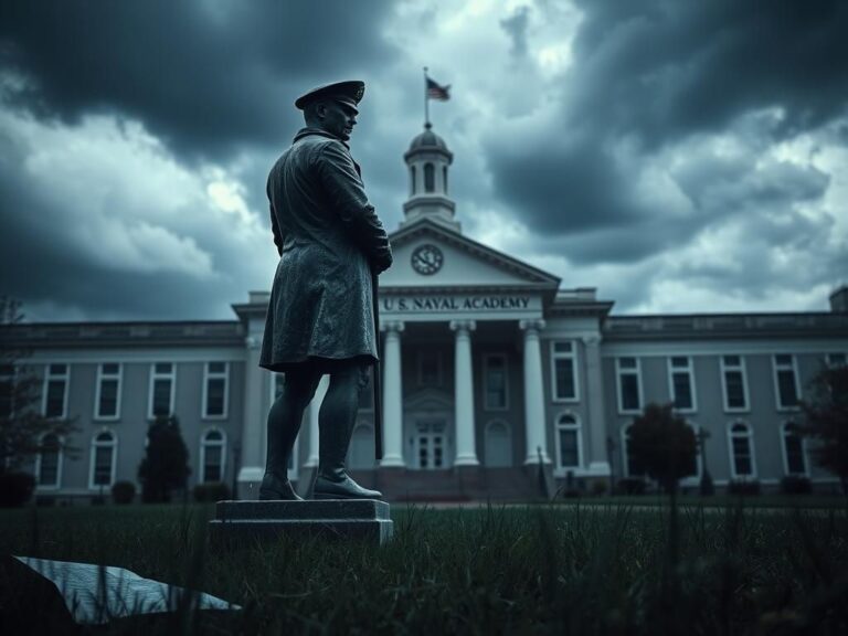 Flick International somber exterior of the U.S. Naval Academy with a weathered midshipman statue