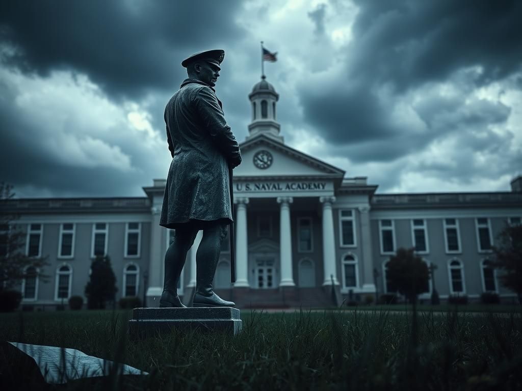 Flick International somber exterior of the U.S. Naval Academy with a weathered midshipman statue