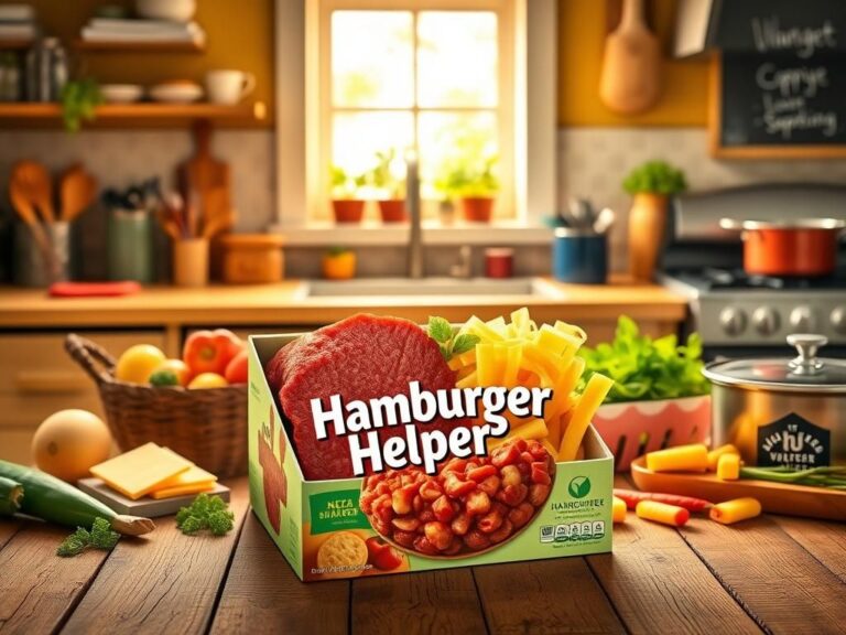 Flick International A vibrant box of Hamburger Helper surrounded by fresh ingredients in a cozy kitchen setting