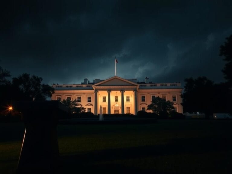 Flick International Dramatic nighttime scene outside the White House with an empty podium