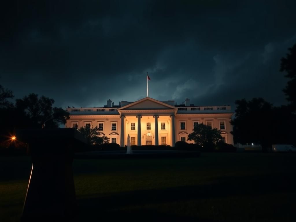 Flick International Dramatic nighttime scene outside the White House with an empty podium
